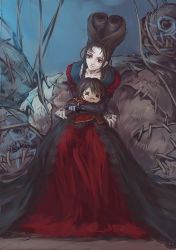 Rule 34 | 1girl, brown eyes, brown hair, castlevania (series), castlevania: lords of shadow, character doll, deadly toys, doll, dress, gabriel belmont, hideki, laura (lords of shadow), light smile, long hair, red eyes, sitting, vampire