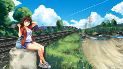 Rule 34 | 1girl, backpack, bag, bare legs, blue shorts, blue sky, brown footwear, brown hair, cloud, collared shirt, contrail, day, grass, green eyes, grey footwear, highres, long hair, ndtwofives, open clothes, open mouth, open shirt, orange shirt, original, outdoors, power lines, railroad tracks, scenery, shirt, shoes, short shorts, shorts, sitting, sky, sneakers, transmission tower, tree, white shirt