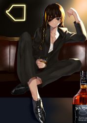 Rule 34 | absurdres, alcohol, artist request, black hair, braid, braided ponytail, breasts, cleavage, couch, crossed legs, eyepatch, formal, girls&#039; frontline, glass, highres, ice, ice cube, jack daniel&#039;s, m16a1 (girls&#039; frontline), no socks, shoes, side braid, single braid, solo, suit
