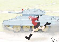 Rule 34 | 1girl, artist name, black footwear, black skirt, boots, brown eyes, commentary, crusader (tank), dated, day, dust cloud, from side, girls und panzer, highres, jacket, long sleeves, medium hair, military, military uniform, military vehicle, miniskirt, motor vehicle, oekaki ojiisan, one-hour drawing challenge, open mouth, outdoors, outstretched arms, pleated skirt, red hair, red jacket, rosehip (girls und panzer), running, signature, skirt, smile, solo, spread arms, st. gloriana&#039;s military uniform, tank, uniform