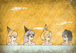 Rule 34 | 10s, 4girls, animal ears, bathing, black eyes, black hair, blonde hair, closed mouth, collarbone, commentary request, crack, egyptian art, ezo red fox (kemono friends), fox ears, from side, grey hair, kaban (kemono friends), kemono friends, kita (7kita), long hair, multicolored hair, multiple girls, nude, partially submerged, profile, serval (kemono friends), silver fox (kemono friends), smile, steam, two-tone hair, water, yellow background