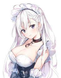 Rule 34 | 1girl, azur lane, belfast (azur lane), blush, braid, breasts, cleavage, closed mouth, frills, hair between eyes, highres, large breasts, long hair, looking at viewer, maid, maid headdress, purple eyes, simple background, smile, solo, tsurime, umibouzu (niito), upper body, white background, white hair