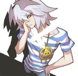 Rule 34 | 1boy, bakura ryou, closed mouth, dual persona, eyes visible through hair, fingernails, glowing, grey hair, hair between eyes, hand on own face, hand on own hip, hug, hug from behind, jewelry, male focus, millennium ring, necklace, saitou naoki, shadow, shirt, slit pupils, solo, striped clothes, striped shirt, yami bakura, yellow eyes, yu-gi-oh!, yu-gi-oh! duel monsters