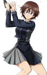 Rule 34 | 1girl, akaboshi koume, alternate costume, blue dress, blue eyes, brown hair, closed mouth, commentary, dress, emblem, frown, girls und panzer, grey dress, gun, handgun, highres, holding, holding gun, holding weapon, long sleeves, looking at viewer, lycoris recoil, lycoris uniform, omachi (slabco), pleated dress, short dress, short hair, simple background, solo, standing, two-tone dress, wavy hair, weapon, white background