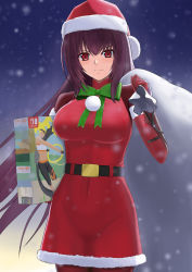 Rule 34 | 1girl, breasts, christmas, dress, fate/grand order, fate (series), fur trim, gift, gloves, hat, highres, higofushi, large breasts, long hair, looking at viewer, night, outdoors, purple hair, red dress, red eyes, red gloves, ring fit adventure, sack, santa costume, santa dress, santa hat, scathach (fate), smile, snowing, solo