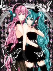 Rule 34 | 2girls, absurdres, aqua hair, argyle, argyle background, argyle clothes, bad id, bad pixiv id, bare arms, bare shoulders, black dress, black gloves, black headwear, black legwear, blue eyes, bug, butterfly, butterfly headphones, checkered background, collarbone, couple, dress, female focus, fingerless gloves, flat chest, gloves, hair between eyes, hand up, hat, hatsune miku, headphones, highres, hug, hug from behind, insect, long hair, looking at viewer, looking to the side, magnet (vocaloid), megurine luka, mini hat, mini top hat, multiple girls, nail polish, neck, open mouth, pantyhose, pink hair, round teeth, serious, standing, strapless, strapless dress, striped legwear, teeth, thighhighs, top hat, twintails, very long hair, vocaloid, yuri
