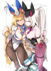 Rule 34 | 1girl, 2girls, animal ears, bare shoulders, black leotard, blonde hair, blue eyes, blush, bottle, braid, braided ponytail, breasts, brown pantyhose, cleavage, cropped jacket, detached collar, fake animal ears, fate/apocrypha, fate/grand order, fate (series), high ponytail, highleg, highleg leotard, highres, holding, holding own hair, jacket, jeanne d&#039;arc (fate), jeanne d&#039;arc (ruler) (fate), jeanne d&#039;arc alter (avenger) (fate), jeanne d&#039;arc alter (fate), large breasts, leotard, long hair, looking at viewer, motor vehicle, motorcycle, multiple girls, ohland, one eye closed, pantyhose, purple pantyhose, rabbit ears, rabbit tail, silver hair, smile, tail, thighs, very long hair, white jacket, white leotard, yellow eyes