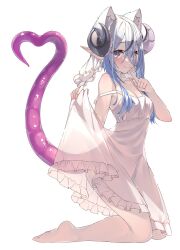 Rule 34 | 1girl, animal ears, armpits, bare shoulders, black hair, blue hair, breasts, cleavage, collarbone, commentary, commission, dragon girl, dragon horns, dragon tail, dress, english commentary, finger to mouth, full body, highres, horns, kneeling, multicolored hair, off shoulder, original, pointy ears, purple eyes, shiro youduki, simple background, skeb commission, sleeveless, sleeveless dress, small breasts, solo, tail, two-tone hair, veil, white background, white dress