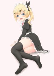 Rule 34 | 1girl, absurdres, apron, black dress, black thighhighs, blonde hair, blue eyes, blush, commentary, dress, embarrassed, fallen down, fang, full body, hair ornament, hairclip, hands on floor, highres, long hair, maid, neck ribbon, no shoes, nukui hayu, ochikobore fruit tart, pink background, red ribbon, ribbon, short dress, side ponytail, sidelocks, signature, simple background, skin fang, socks, solo, thighhighs, thighs, white apron, x hair ornament, yutuki ame