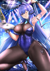 Rule 34 | 1girl, animal ears, azur lane, bare shoulders, blue eyes, blue hair, blue leotard, blush, bottle, breasts, brown pantyhose, cleavage, covered navel, cup, cyicheng, detached collar, drinking glass, fake animal ears, highleg, highleg leotard, large breasts, leotard, long hair, looking at viewer, necktie, new jersey (azur lane), new jersey (exhilarating steps!) (azur lane), official alternate costume, one eye closed, pantyhose, playboy bunny, pole, rabbit ears, see-through, see-through cleavage, smile, solo, stripper pole, thighs, tray, wine bottle, wine glass, wrist cuffs