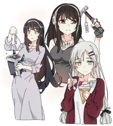 Rule 34 | 3girls, black hair, breasts, brown eyes, commentary, contemporary, dinergate (girls&#039; frontline), dress, food, frown, girls&#039; frontline, green hair, grey eyes, hair ornament, hair ribbon, hairband, hairclip, hammer, headgear, holding, holding clothes, holding food, holding hammer, holding panties, holding spoon, holding underwear, ice cream, ice cream cone, korean commentary, m4a1 (girls&#039; frontline), medium breasts, multicolored hair, multiple girls, panties, price tag, ribbon, robot, sidarim, simple background, sleeveless, spoon, streaked hair, svd (girls&#039; frontline), twintails, type 95 (girls&#039; frontline), underwear, upper body, white background, white hair, white panties, yellow eyes