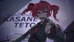 Rule 34 | 1girl, anniversary, backlighting, bare shoulders, black shirt, black sleeves, cable, character name, commentary, detached sleeves, drill hair, headphones, highres, holding, holding microphone, kasane teto, katai uji, looking at viewer, making-of available, microphone, open mouth, red eyes, red hair, shirt, short hair, sleeveless, sleeveless shirt, smile, solo, sparkle, spotlight, twin drills, upper body, utau