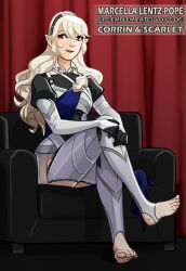 Rule 34 | 1girl, armor, armored legwear, artist request, barefoot, black gloves, black hairband, blue cape, breasts, cape, character name, corrin (female) (fire emblem), corrin (fire emblem), couch, crossed legs, curtains, english text, eyelashes, feet, female focus, fire emblem, fire emblem fates, full body, gloves, hair between eyes, hairband, hands on own knees, happy, highres, intelligent systems, legs, long hair, looking at viewer, medium breasts, neck, nintendo, own hands together, pointy ears, red eyes, sidelocks, sitting, smile, soles, source request, stirrup legwear, thighs, toeless legwear, toenails, toes, voice actor, white hair