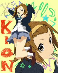 Rule 34 | 00s, 1girl, bad id, bad pixiv id, blazer, brown eyes, brown hair, chalk, crayon, drumsticks, eating, female focus, from above, from below, happy, headband, highres, jacket, jumping, k-on!, loafers, looking down, looking up, manekko buta, pleated skirt, pout, ribbon, school uniform, shoes, short hair, skirt, smile, socks, solo, spinning, star (symbol), tainaka ritsu, tomboy, white socks
