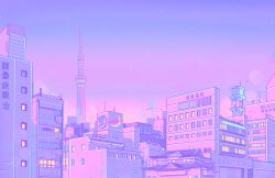 Rule 34 | absurdres, architecture, bird, bishoujo senshi sailor moon, building, city, city lights, cityscape, east asian architecture, gradient sky, highres, no humans, outdoors, owakita, pastel colors, purple sky, purple theme, railing, real world location, rooftop, scenery, sky, skyline, skyscraper, star (sky), tokyo (city), tokyo skytree, water tower