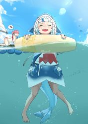 Rule 34 | 2girls, bikini, blue hair, blunt bangs, boned meat, fins, fish tail, floating, food, gawr gura, gawr gura (1st costume), highres, hololive, hololive english, hood, hoodie, houshou marine, innertube, jaws (movie), long hair, meat, medium hair, multicolored hair, multiple girls, open mouth, partially submerged, partially underwater shot, raft, red hair, rroar8, scene reference, shark tail, sharp teeth, sky, streaked hair, sun, swim ring, swimsuit, tail, teeth, twintails, underwater, virtual youtuber, white hair