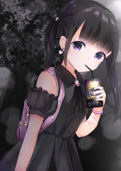 Rule 34 | 1girl, absurdres, backpack, bag, bandaged arm, bandages, bendy straw, black bow, black dress, black hair, black nails, bow, can, collared dress, commentary request, dress, drinking straw, glint, hair bow, highres, holding, holding can, inahori, long sleeves, looking at viewer, nail polish, original, parted lips, puffy long sleeves, puffy sleeves, purple eyes, solo, strong zero, tree, twintails