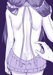 Rule 34 | 10s, 1girl, arm at side, ass, back, back focus, backless dress, backless outfit, bare back, butt crack, clenched hand, cowboy shot, dimples of venus, dress, from behind, love live!, love live! school idol project, meme attire, monochrome, pov, pov hands, purple theme, scrunchie, sky-freedom, solo focus, sweatdrop, tojo nozomi, turtleneck, twintails, virgin killer sweater