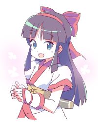 Rule 34 | 1girl, :d, black hair, blush, bow, commentary request, green eyes, hair bow, hairband, highres, japanese clothes, kimono, long hair, looking at viewer, nakoruru, obi, open mouth, red bow, red hairband, roku no hito, samurai spirits, sash, short sleeves, smile, solo, very long hair, white kimono, wrist guards
