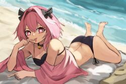 Rule 34 | 1boy, absurdres, astolfo (fate), bad id, bad pixiv id, beach, bell, bikini, black bikini, black bow, bow, butt crack, closed mouth, fate/apocrypha, fate (series), hair between eyes, hair bow, hair intakes, highres, jingle bell, looking at viewer, lying, medium hair, multicolored hair, neck bell, ocean, on stomach, pink eyes, pink hair, sand, solo, swimsuit, tchairss, tongue, tongue out, white hair
