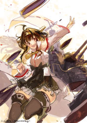 Rule 34 | 1girl, absurdres, ahoge, breasts, brown eyes, brown hair, brown thighhighs, clenched hand, dated, detached sleeves, frilled skirt, frills, hairband, headgear, highres, japanese clothes, kantai collection, kongou (kancolle), long hair, long sleeves, nagasawa tougo, nontraditional miko, open mouth, ribbon-trimmed sleeves, ribbon trim, rigging, skirt, solo, thighhighs, twitter username