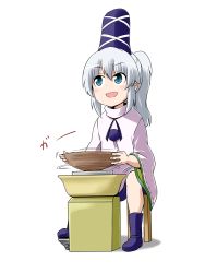 Rule 34 | 1girl, blue eyes, bowl, commentary request, hat, hat ribbon, kousei (public planet), long hair, long sleeves, mononobe no futo, open mouth, ponytail, potters wheel, pottery, ribbon, shirt, silver hair, sitting, skirt, smile, solo, stool, touhou, wide sleeves