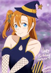 Rule 34 | 1girl, absurdres, artist name, artist request, bare shoulders, blue dress, blue eyes, blue hat, blush, bow, breasts, cleavage, collarbone, dress, faeflan, female focus, fishnet armwear, hair between eyes, hair bow, hat, highres, kosaka honoka, looking at viewer, love live!, love live! school idol project, orange hair, parted lips, side ponytail, small breasts, smile, solo, striped, striped bow, witch hat