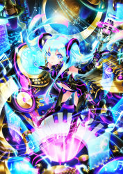 Rule 34 | 1girl, blue eyes, blue hair, boots, center opening, elbow gloves, gloves, hatsune miku, hexagon, holographic interface, long hair, matching hair/eyes, microphone, musical note, navel, nemusuke, piano keys, solo, thigh boots, thighhighs, twintails, vocaloid