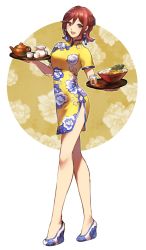 Rule 34 | 10s, 1girl, china dress, chinese clothes, commentary request, cup, dress, earrings, food, highres, jewelry, kaname buccaneer, macross, macross delta, noodles, ramen, red hair, shimatani azu, solo, teacup, teapot, tray