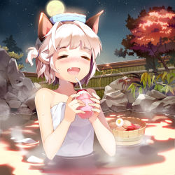 Rule 34 | 1girl, :d, ^ ^, animal ears, bendy straw, blush, bucket, cat ears, drinking straw, closed eyes, fang, full moon, gilse, moon, naked towel, onsen, open mouth, original, partially submerged, short hair, silver hair, smile, solo, towel, towel on head, tree, water, wet, wooden bucket