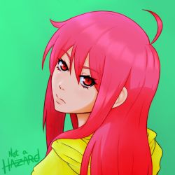 Rule 34 | 1girl, absurdres, artist name, close-up, green background, highres, hood, hoodie, looking at viewer, looking back, momoka (hmc), not a hazard, original, parka, pink hair, red eyes, simple background, solo, the hazards of being a main character