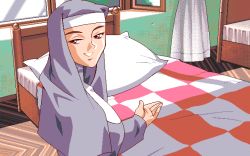 Rule 34 | 1990s (style), 1girl, 2 shot diary 2, 2girls, character request, curtains, dithering, game cg, habit, half-closed eyes, indoors, looking back, may-be soft, multiple girls, nun, pc98, pillow, retro artstyle, school, school uniform, smile, solo, standing, tagme, upper body, window