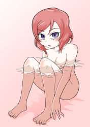 Rule 34 | 10s, 1girl, barefoot, blush, breasts, floating breasts, full body, gradient background, highres, looking at viewer, love live!, love live! school idol project, masedamokei, medium breasts, medium hair, nishikino maki, nude, parted lips, partially submerged, pink background, purple eyes, red hair, shadow, simple background, sitting, solo, tsurime, water