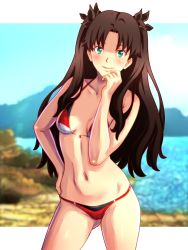 Rule 34 | 1girl, bikini, blush, breasts, brown hair, cameltoe, fate (series), female focus, green eyes, highres, long hair, looking at viewer, navel, nike (0306), small breasts, solo, swimsuit, tohsaka rin