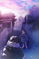 Rule 34 | 2boys, black coat, black hair, blue coat, boots, brown hair, building, cloud, coat, contemporary, facing away, highres, inoooooue, kamado tanjirou, kimetsu no yaiba, lamppost, light particles, long hair, looking at another, male focus, multiple boys, outdoors, pants, power lines, road, scar, scar on face, scar on forehead, scarf, short hair, sky, stairs, standing, tomioka giyuu, tree, twilight, utility pole, waiting, wall, white scarf
