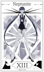 Rule 34 | 10s, 1other, 2015, :o, androgynous, bare arms, bare legs, black footwear, black hair, black necktie, black shorts, border, character name, cojima, collared shirt, dated, full body, gem (symbol), grey eyes, houseki no kuni, legs apart, long hair, looking at viewer, monochrome, necktie, neptunite (houseki no kuni), pale skin, roman numeral, shirt, shoes, short sleeves, shorts, solo, standing, suspender shorts, suspenders, tiptoes, twintails, uniform, white shirt