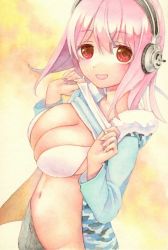 Rule 34 | 1girl, bad id, bad pixiv id, blush, bra, breasts, cleavage, clothes lift, female focus, from side, gradient background, headphones, large breasts, lifted by self, long hair, midriff, navel, nitroplus, open mouth, pink hair, po chi (popcorn), pochi (popcooooorn), red eyes, shirt lift, skindentation, smile, solo, super sonico, underwear, undressing