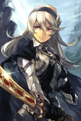 Rule 34 | 1girl, armor, cape, corrin (female) (fire emblem), corrin (fire emblem), day, fire emblem, fire emblem fates, hairband, hungry clicker, nintendo, red eyes, sky, solo, sword, weapon, white hair