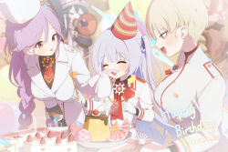 Rule 34 | 4girls, birthday, black gloves, blonde hair, blue archive, blush, braid, breasts, cake, cherino (blue archive), closed eyes, cup, dated, drinking glass, fake facial hair, fake mustache, flat chest, food, fruit, fur hat, gloves, hair ornament, happy birthday, hat, highres, holding, holding megaphone, jacket, kaerunrun, large breasts, long hair, long sleeves, marina (blue archive), medium breasts, megaphone, minori (blue archive), multiple girls, open mouth, party hat, pink eyes, pink hair, pom pom (clothes), pom pom hair ornament, pudding, short hair, smile, strawberry, tomoe (blue archive), twin braids, ushanka, white hair, white headwear, white jacket, yellow eyes