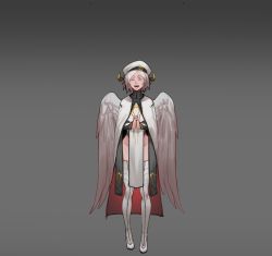 Rule 34 | 1girl, :d, absurdres, angel wings, beret, cloak, commentary, english commentary, closed eyes, facing viewer, feathered wings, grey background, grey hair, hat, highres, horns, less, long sleeves, no panties, open mouth, original, own hands clasped, own hands together, pelvic curtain, robe, short hair, simple background, smile, thighhighs, white wings, wings