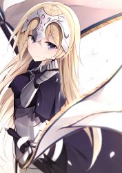 Rule 34 | 1girl, armor, blonde hair, blurry, breasts, chain, cleavage, closed mouth, depth of field, fate/apocrypha, fate (series), faulds, flag, from side, gauntlets, headpiece, jeanne d&#039;arc (fate), jeanne d&#039;arc (ruler) (fate), long hair, looking at viewer, medium breasts, netarou, petals, purple eyes, scratching cheek, sheath, sheathed, simple background, smile, solo, sword, upper body, weapon, white background