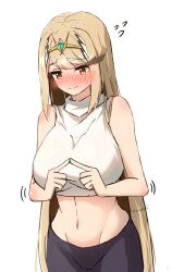 Rule 34 | 1girl, blonde hair, blush, breasts, commentary, crop top, fidgeting, highres, index fingers together, kanuici336, large breasts, long hair, midriff, mythra (xenoblade), navel, nervous, shirt, signature, simple background, sleeveless, sleeveless shirt, solo, standing, tiara, very long hair, white background, white shirt, xenoblade chronicles (series), xenoblade chronicles 2, yellow eyes