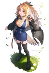 Rule 34 | 1girl, aran sweater, arknights, beige sweater, black footwear, black jacket, black thighhighs, blue nails, blue skirt, breasts, buttons, cable knit, commentary, coyucom, feather hair, feather hair ornament, feathers, flower, full body, garter straps, grass, hair ornament, highres, jacket, long hair, looking at viewer, medium breasts, mole, mole under eye, multicolored nails, nail polish, open clothes, open jacket, orange eyes, orange hair, orange nails, pinecone (arknights), pixiv id, ponytail, shoes, simple background, skirt, solo, standing, suspender skirt, suspenders, sweater, thighhighs, twitter username, white background, white flower