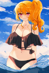 Rule 34 | 1girl, absurdres, arms behind back, ash (cat7evy), bare arms, bare shoulders, bikini, black bikini, breasts, cleavage, closed mouth, cloud, collarbone, cowboy shot, dot nose, gluteal fold, hair between eyes, highres, korean commentary, long hair, navel, off-shoulder bikini, off shoulder, official art, orange hair, original, outdoors, red eyes, side ponytail, sky, smile, solo, split mouth, stomach, swimsuit, thigh gap, thighs, wading, wet