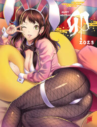 Rule 34 | 1girl, animal ears, ass, bow, bowtie, brown hair, earrings, fake animal ears, fake tail, feet out of frame, fishnet pantyhose, fishnets, gentle sasaki, happy new year, highres, jacket, jewelry, kujikawa rise, legs, leotard, new year, one eye closed, pantyhose, persona, persona 4, pink jacket, playboy bunny, rabbit ears, rabbit tail, solo, tail, v, wrist cuffs