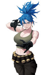Rule 34 | 1girl, bare shoulders, belt, blue eyes, blue hair, breasts, cargo pants, cleavage, dongho kang, earrings, gas can, gloves, highres, jewelry, large breasts, leona heidern, navel, pants, ponytail, snk, solo, tank top, the king of fighters, the king of fighters xv, triangle earrings