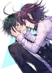 Rule 34 | 2boys, absurdres, black hair, black jacket, blush, brown eyes, buttons, checkered clothes, checkered scarf, danganronpa (series), danganronpa v3: killing harmony, double-breasted, eye contact, hands on another&#039;s cheeks, hands on another&#039;s face, highres, jacket, long sleeves, looking at another, male focus, medium hair, multiple boys, nanin, oma kokichi, purple eyes, purple hair, saihara shuichi, scarf, short hair, simple background, smile, striped clothes, striped jacket, teeth, white background, white jacket, yaoi