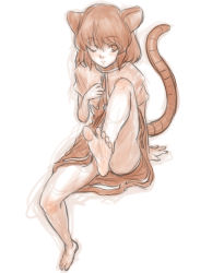 Rule 34 | 1girl, animal ears, bare legs, barefoot, cape, cat ears, dress, feet, highres, kuro suto sukii, limited palette, monochrome, mouse ears, mouse tail, nazrin, one eye closed, outstretched leg, simple background, sitting, solo, tail, touhou
