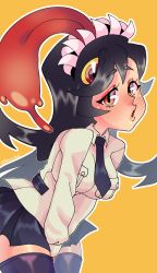 Rule 34 | 1girl, black hair, covering privates, covering crotch, cowboy shot, filia (skullgirls), highres, long hair, long tongue, looking at viewer, magui, necktie, open mouth, pleated skirt, red eyes, samson (skullgirls), school uniform, skirt, skullgirls, solo, tongue, tongue out, yellow background