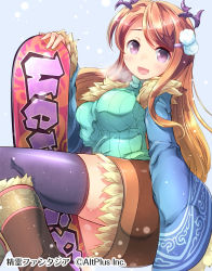 Rule 34 | 1girl, :d, black thighhighs, blue background, blush, boots, breast press, breasts, brown footwear, brown hair, copyright name, female focus, fur-trimmed boots, fur trim, green sweater, hair ornament, hairclip, highres, horns, knee boots, large breasts, long hair, long sleeves, looking at viewer, matsuuni, open mouth, pencil skirt, pink eyes, pom pom (clothes), ribbed sweater, seirei fantasia, signature, simple background, skirt, smile, snowboard, solo, sweater, thighhighs, very long hair, zettai ryouiki